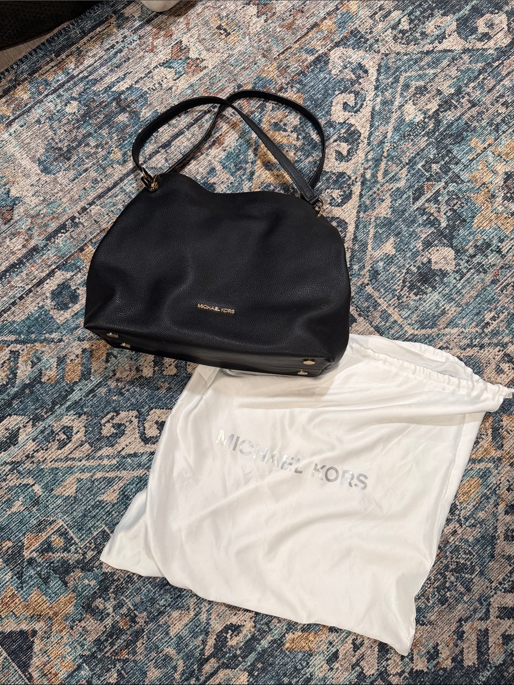 Michael Kors Black Pebbled Leather Top-Handle Shoulder Tote with Gold Logo